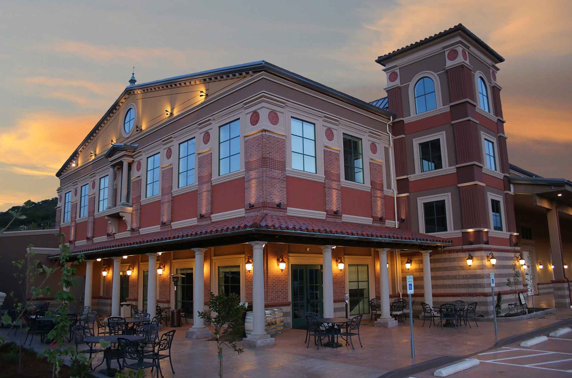 Belle Fiore Winery pavilion with evening sunset.