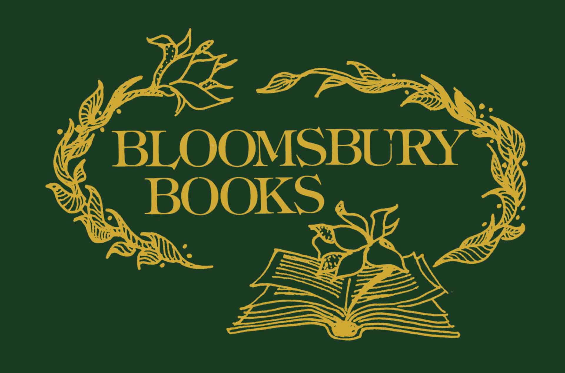 Logo for Bloomsbury Books featuring serif text, floral frame, and an open book with a flower emerging from its pages on a dark green background.
