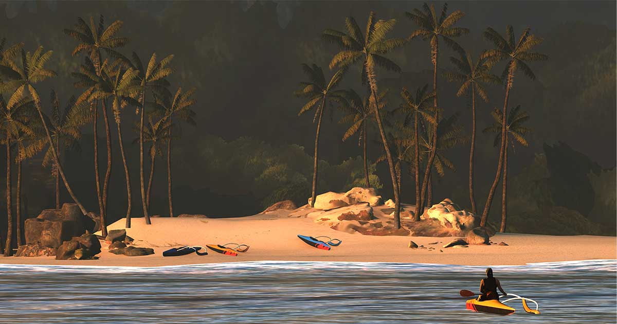 Person kayaking towards beach.