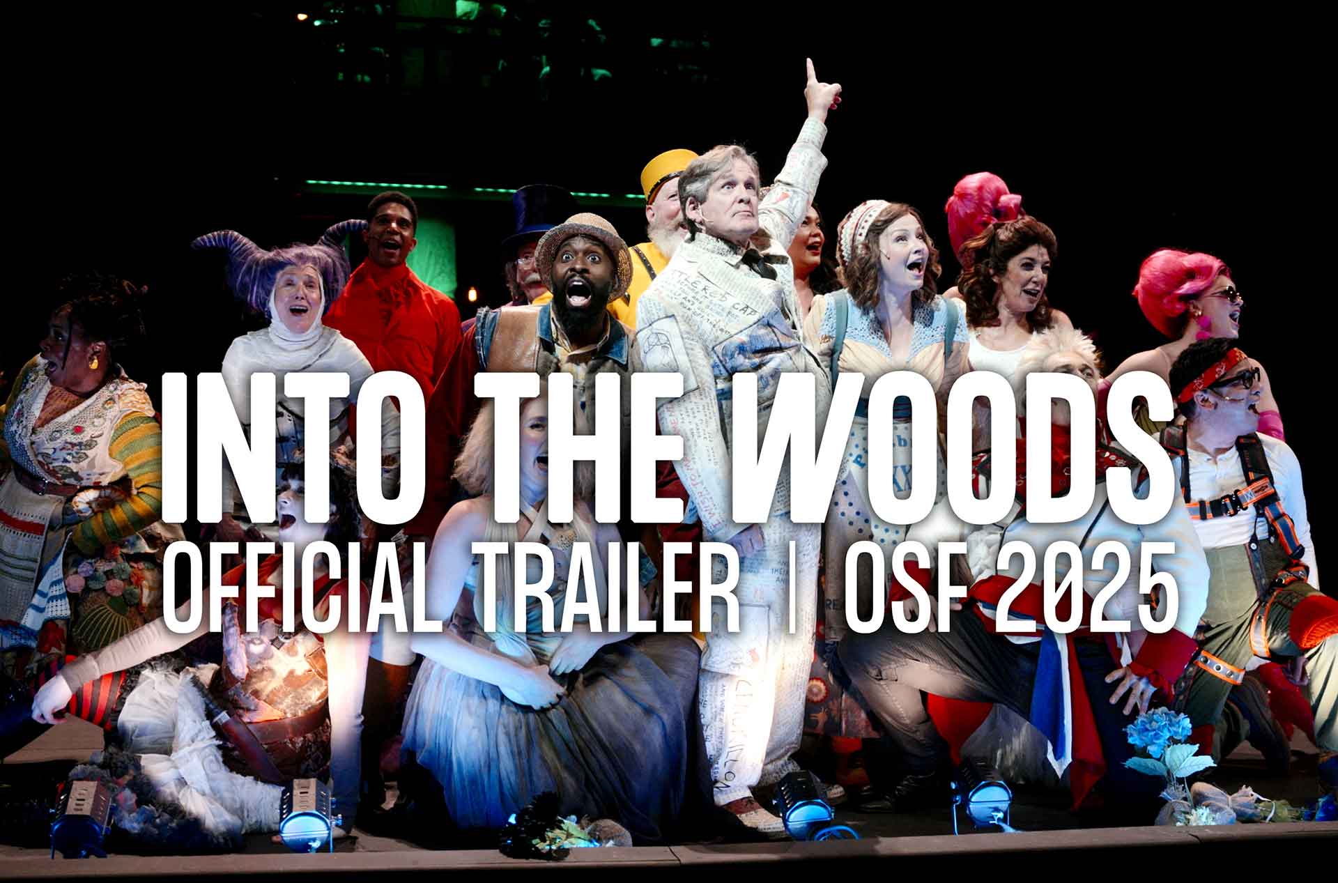 Cast of a theatrical production poses in colorful, whimsical costumes under dramatic lighting. Bold white text reads “Into the Woods Official Trailer | OSF 2025.”