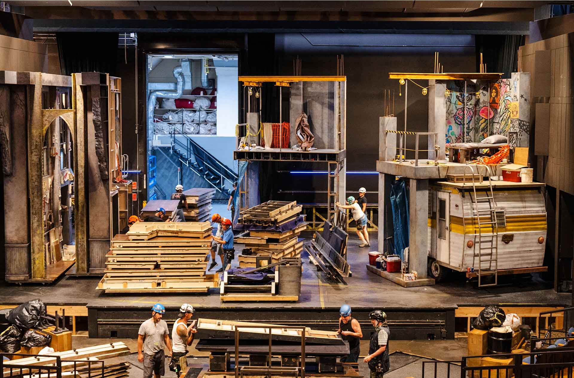 Folks loading a set on the Angus Bowmer Theatre.