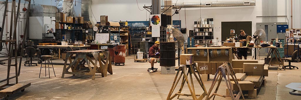 The Scene shop inclding tables and saw horses.