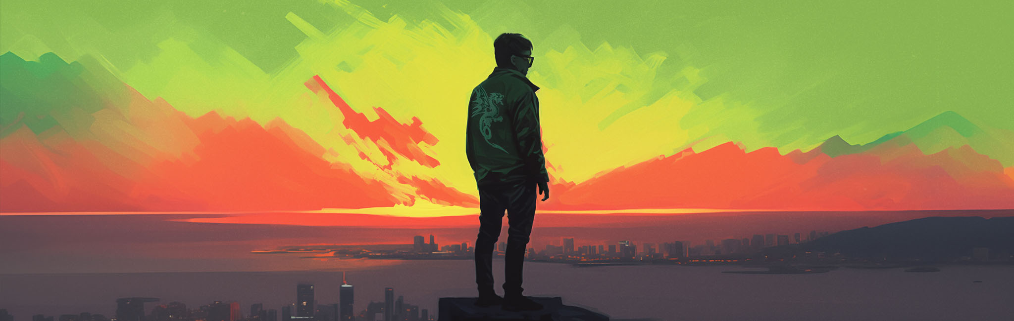 A silhouette of a person looking off into the distance.