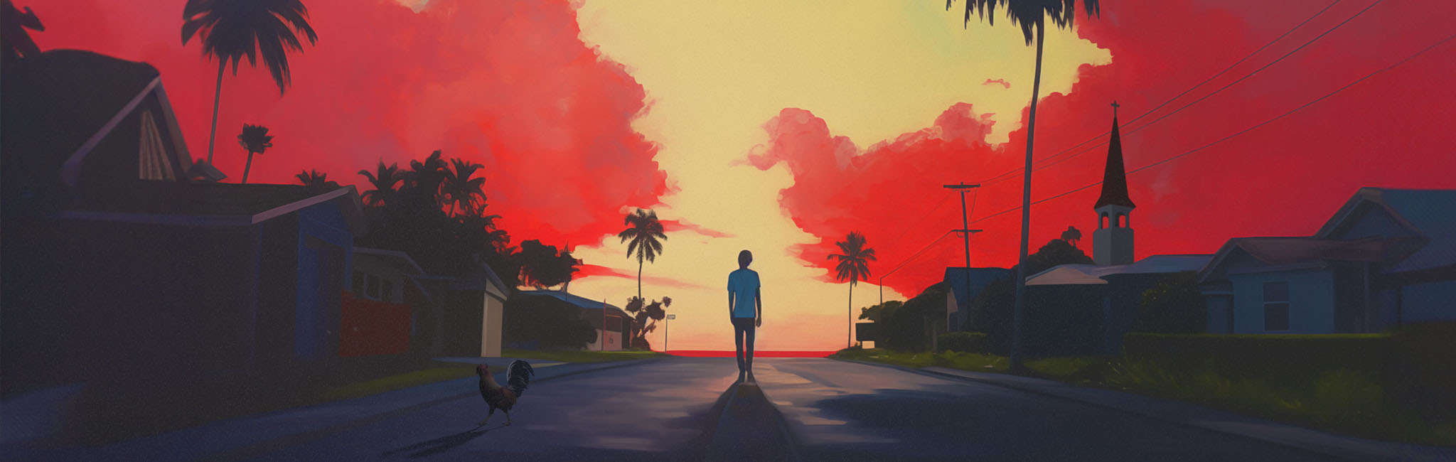 A red and yellow sky over a dark town with a person walking down the middle of the street.