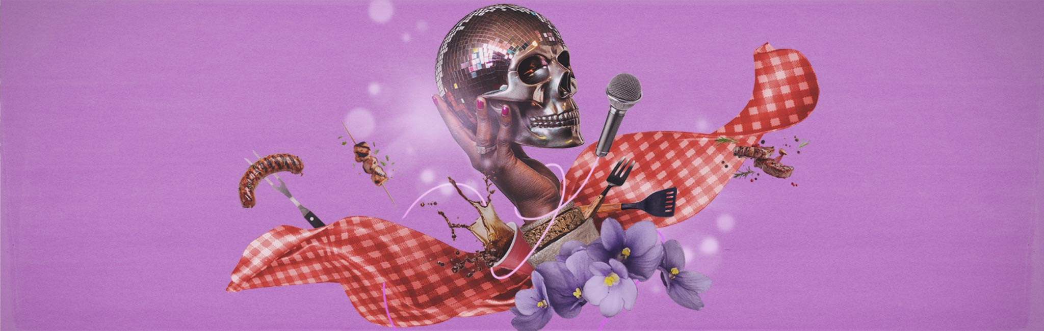 A disco ball skull in a vibrant purple scene, surrounded by barbecue tools, a red gingham cloth, and food items like skewered meat. Flowers and musical elements hint at a celebratory atmosphere.