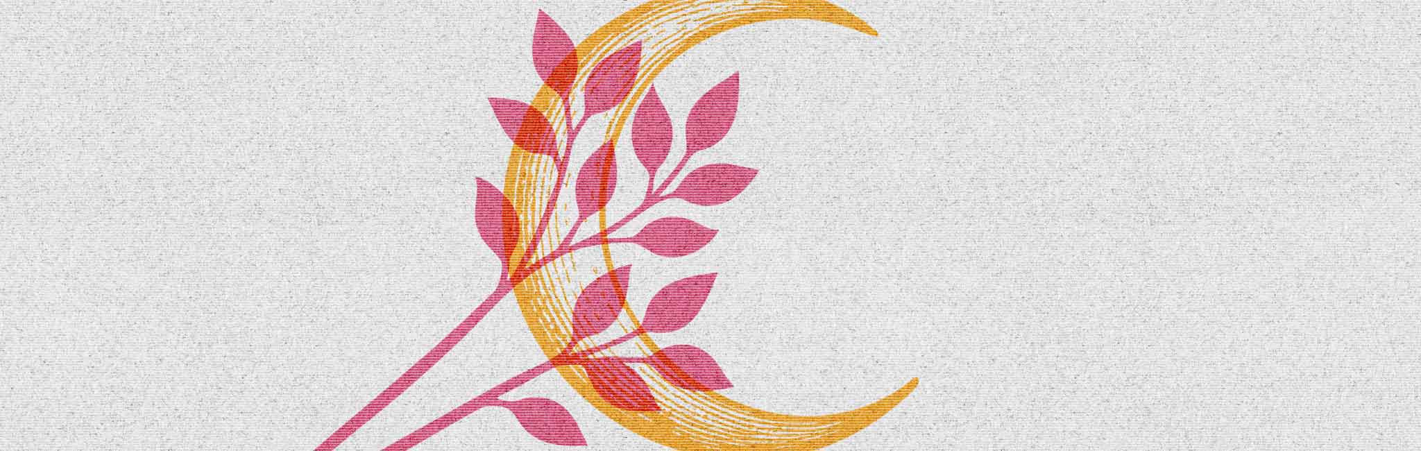 A golden crescent moon intertwined with pink leafy branches.