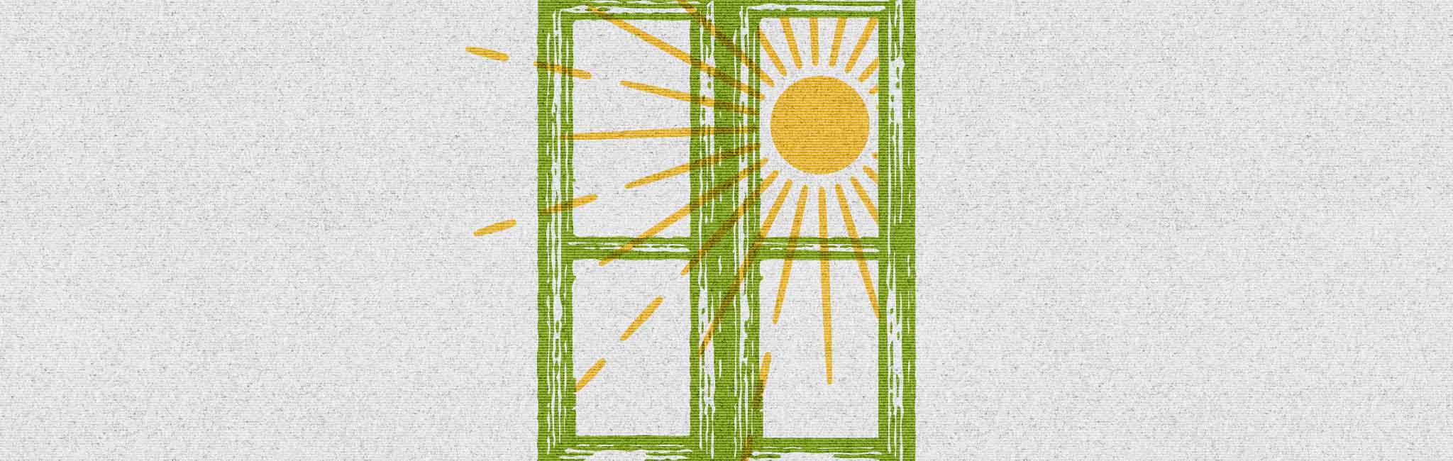 A green window frame with golden sunlight shining through the glass panes.