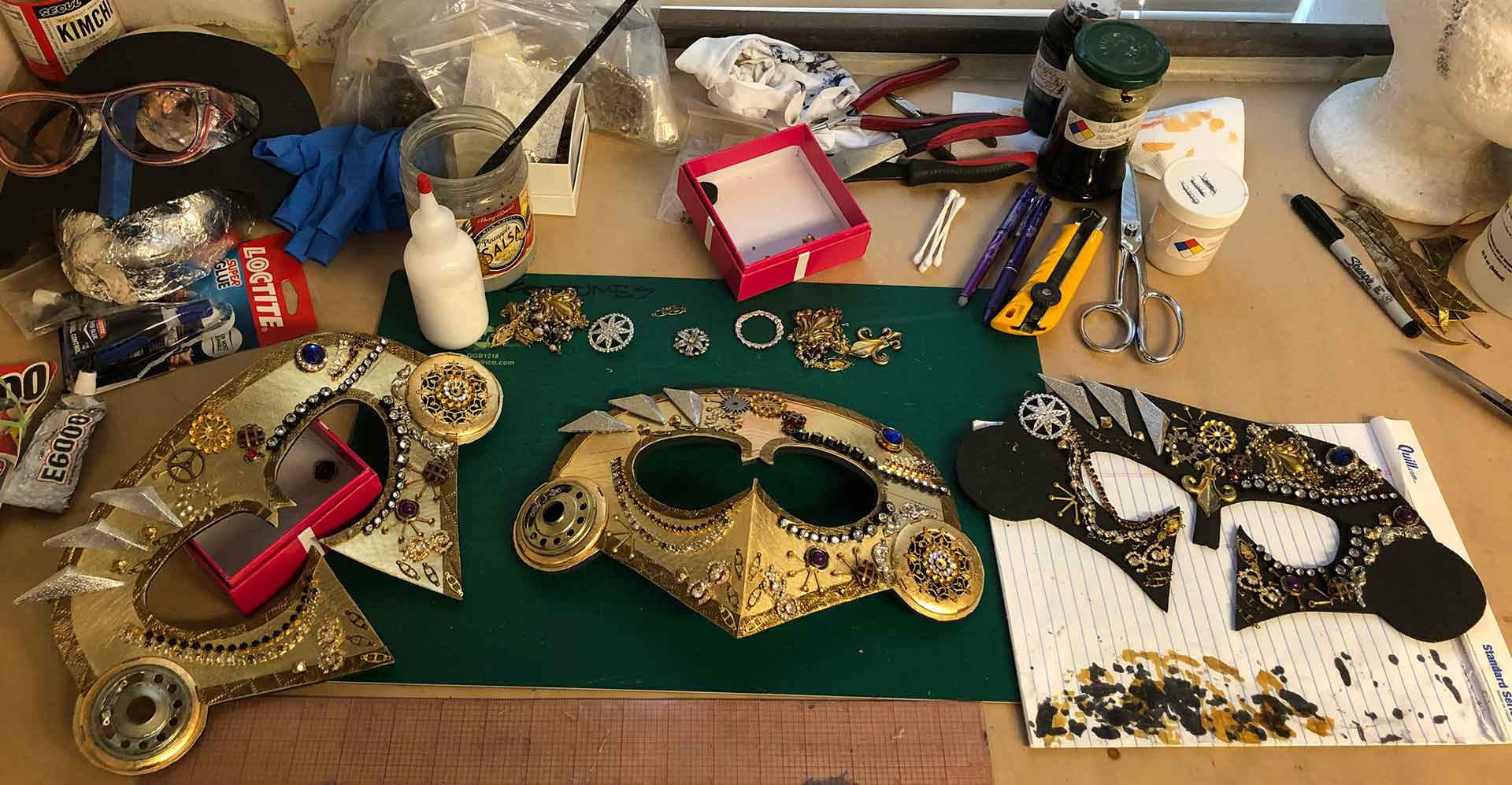 Masks for <i>Revenge Song</i> being crafted in the Costume Shop. Photo by Sarah DeLong.