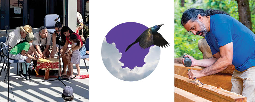 Photo of Brent Florendo and Konaway Nika Tillikum musicians, Where We Belong logo, Indigenous wood carver Shirod Younker