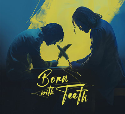 Two people silhouetted, holding quills and looking down at a table.