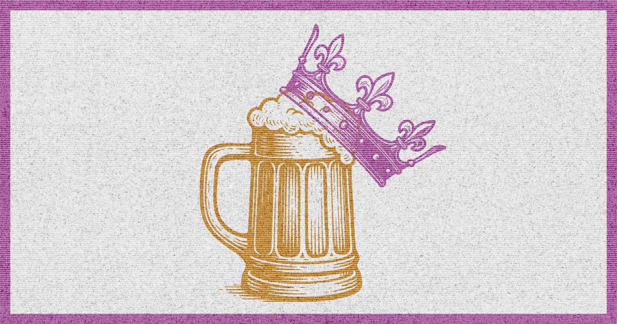 A foamy beer mug in golden tones with a tilted purple crown resting on top.