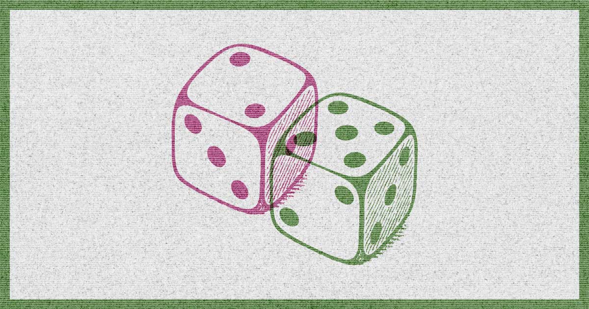 Two dice overlapped, one pink and one green, showing different numbers on their visible faces.