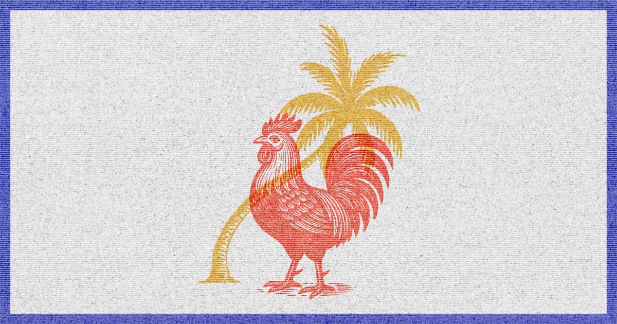 A red rooster standing in front of a golden palm tree.