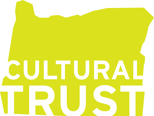 A lime green logo in the shape of Oregon that reads "Cultural Trust".